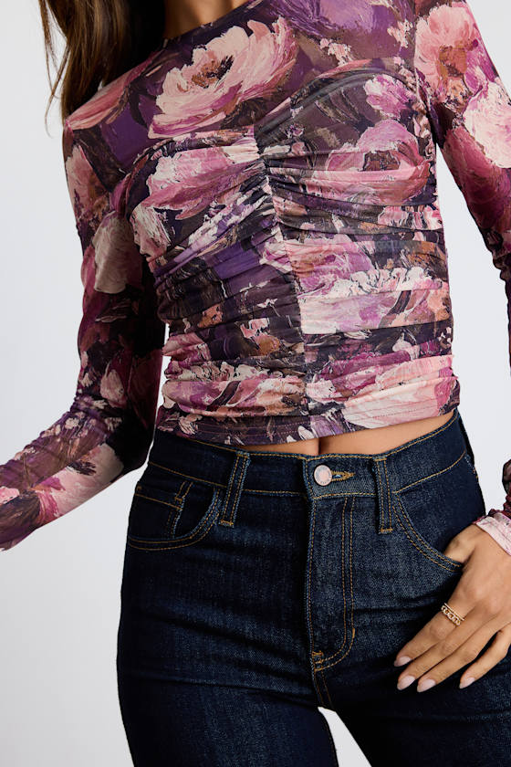 Instant Trend Purple Floral Mesh Ruched Long Sleeve Top 2