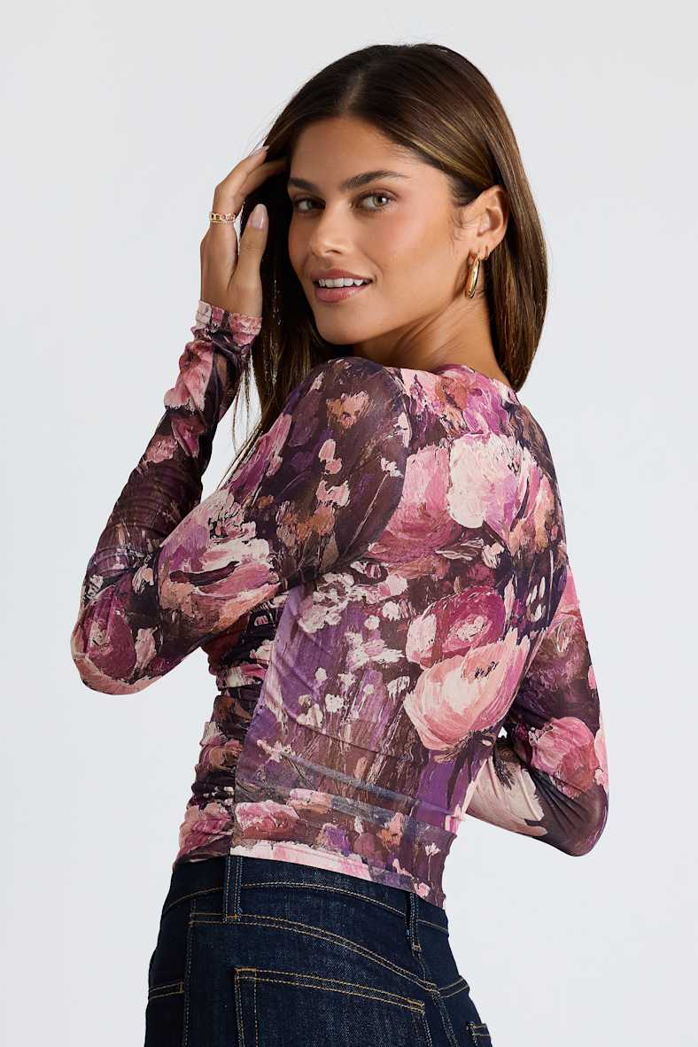 Instant Trend Purple Floral Mesh Ruched Long Sleeve Top