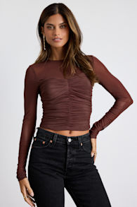 Instant Trend Brown Mesh Ruched Long Sleeve Top 1