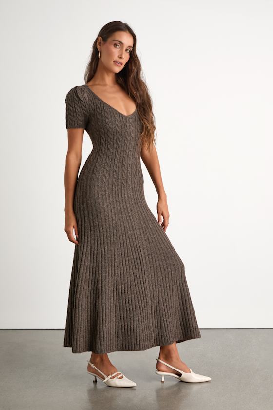 Antonela Heathered Brown Puff Sleeve Sweater Midi Dress 2