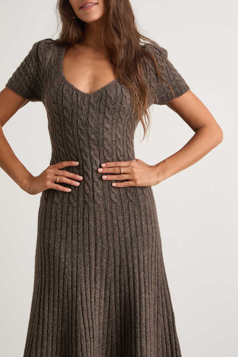 Antonela Heathered Brown Puff Sleeve Sweater Midi Dress