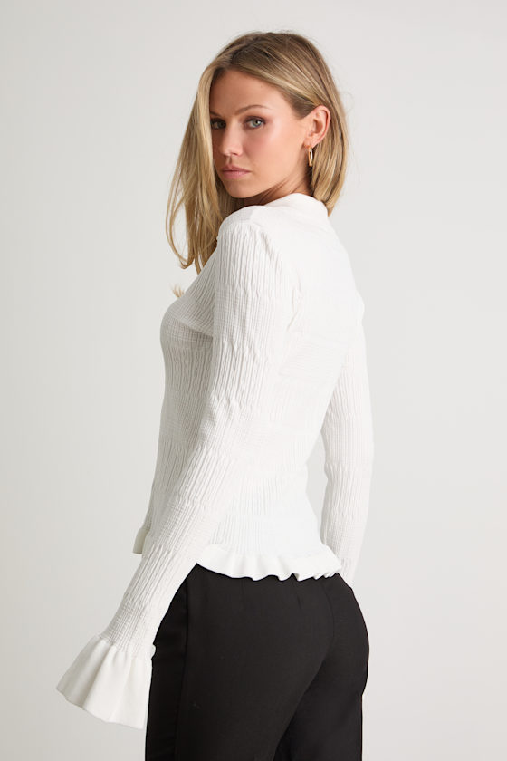 Ivory Cardigan Top - Button-Front Knit Top - Textured Sweater Top