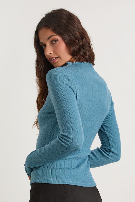 Charmed Vibes Teal Blue Ribbed Lettuce Edge Long Sleeve Top 3