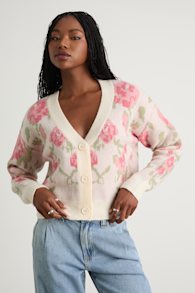Wylenna Cream and Blush Floral Cropped Cardigan Sweater 1
