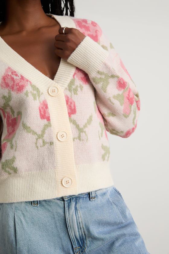 Wylenna Cream and Blush Floral Cropped Cardigan Sweater 2
