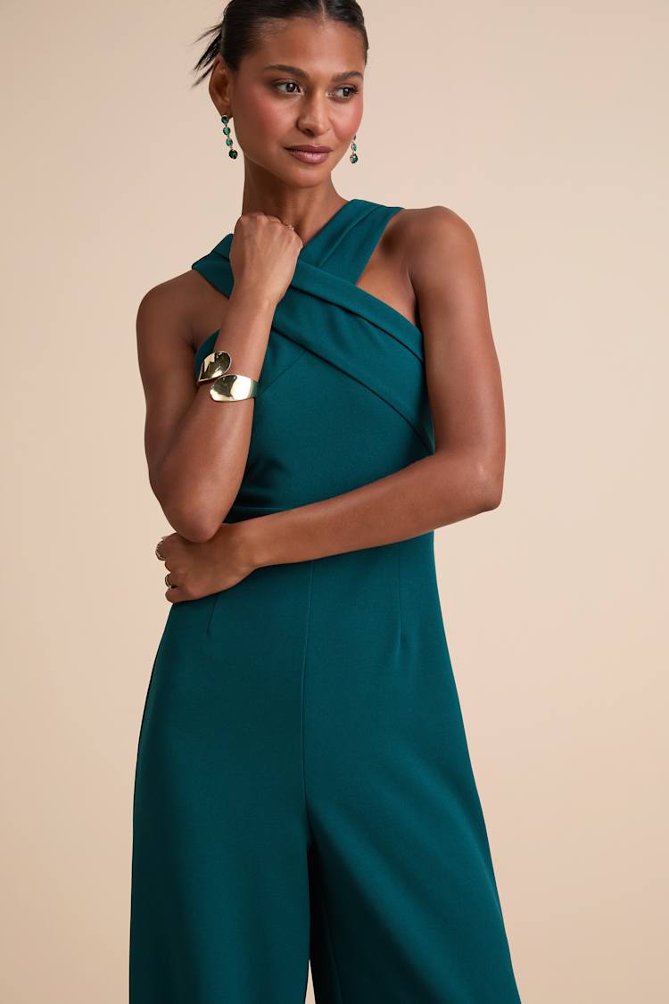 Criss-Cross Your Mind Emerald Cross-Front Wide-Leg Jumpsuit