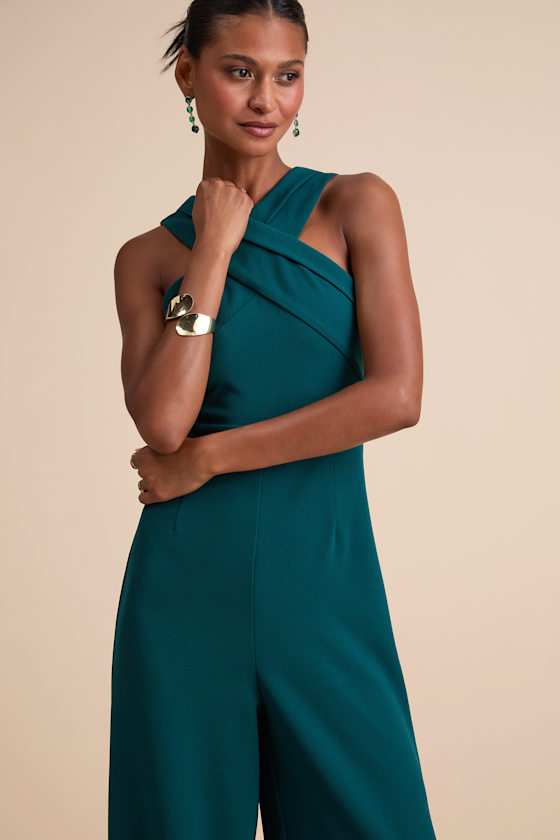 Criss-Cross Your Mind Emerald Cross-Front Wide-Leg Jumpsuit 2