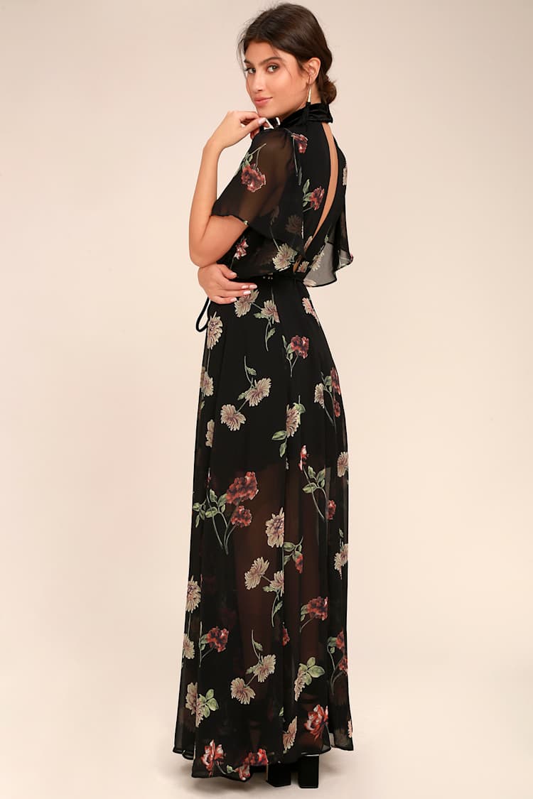 Lovely Black Floral Print Dress - Maxi Dress - Ruffled Dress - Lulus
