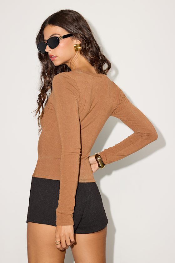 Casual Energy Light Brown Ruched Long Sleeve Crew Neck Top