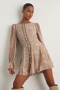 Kivah Pink and Taupe Boho Print Long Sleeve Mini Dress 2