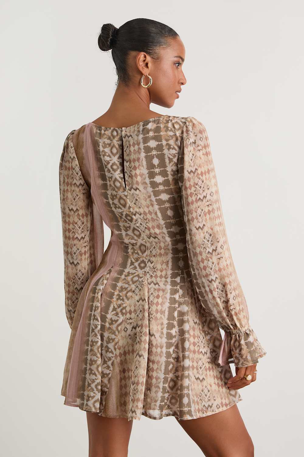 Kivah Pink and Taupe Boho Print Long Sleeve Mini Dress