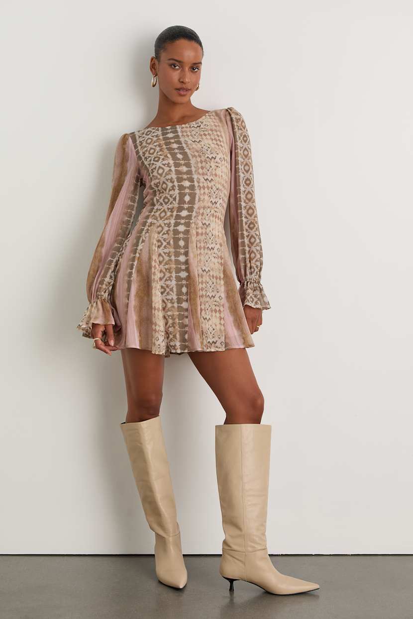 Pink Boho Print Dress - Long Sleeve Dress - Godet Pleat Dress - Lulus