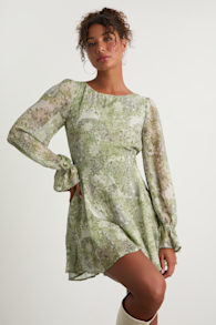 Kivah Green Boho Print Long Sleeve Mini Dress 1