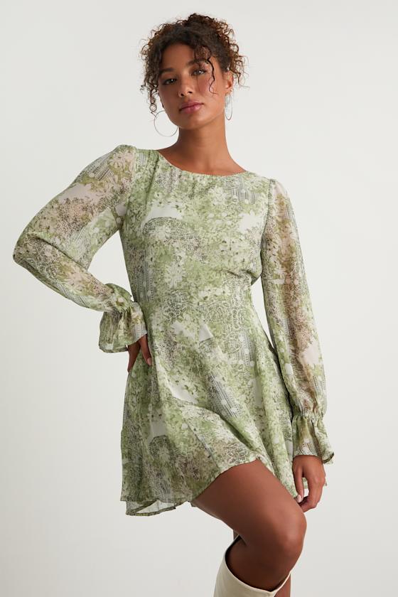 Kivah Green Boho Print Long Sleeve Mini Dress 1