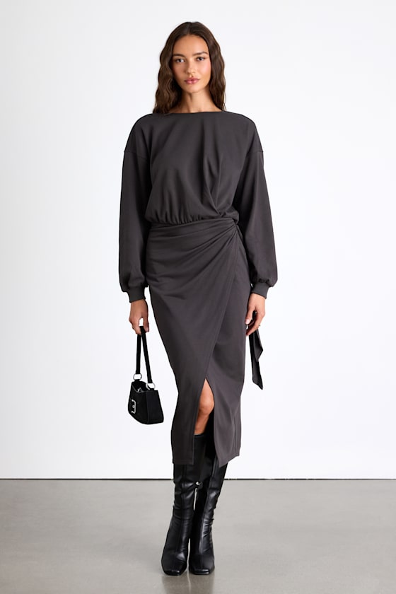 【最終価格】FORME STRETCH KNIT LONG-SLEEVE Charcoal Grey Dress - Wrap Midi Dress - Jersey Long Sleeve Dress