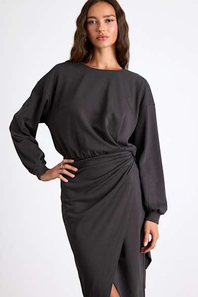 chinese dress ladies Charcoal Ribbed Fitted Long Sleeve Midi Dress main image 1