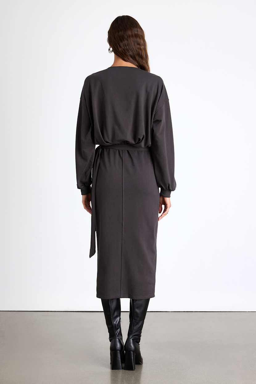 Lulus | Charcoal Grey Jersey Knit Long Sleeve Wrap Midi Dress | Womens | Small (Available in XS, L) | Cotton/Polyester