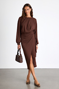 Eunia Brown Jersey Knit Long Sleeve Wrap Midi Dress 1