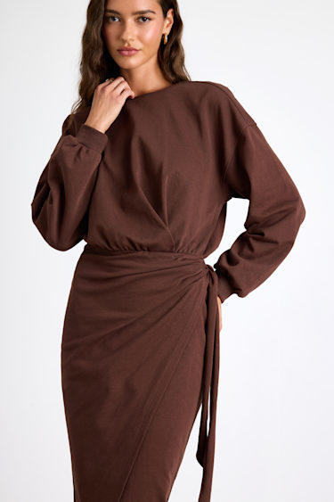 Lulus | Brown Jersey Knit Long Sleeve Wrap Midi Dress | Womens | Medium (Available in XS, S, L) | Cotton/Polyester Lulus | Brown Jersey Knit Long Sleeve Wrap Midi Dress | Womens | Medium (Available in XS, S, L) | Cotton/Polyester