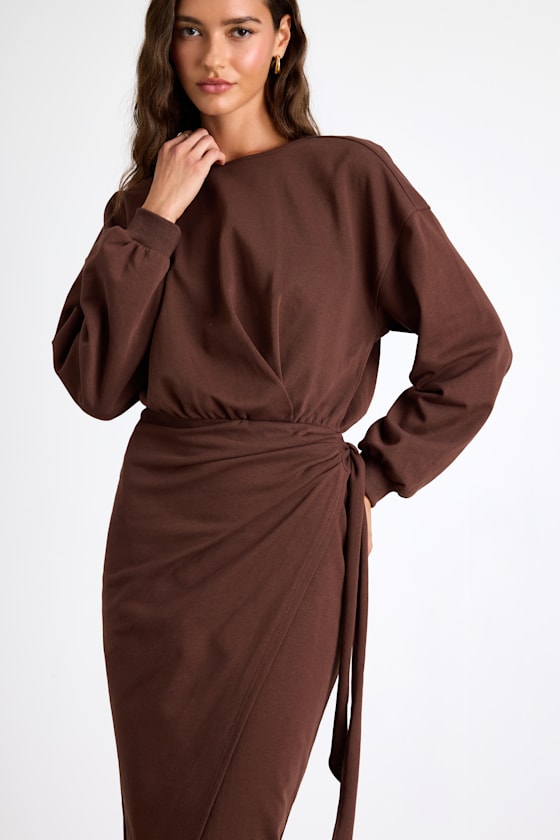 Eunia Brown Jersey Knit Long Sleeve Wrap Midi Dress 2