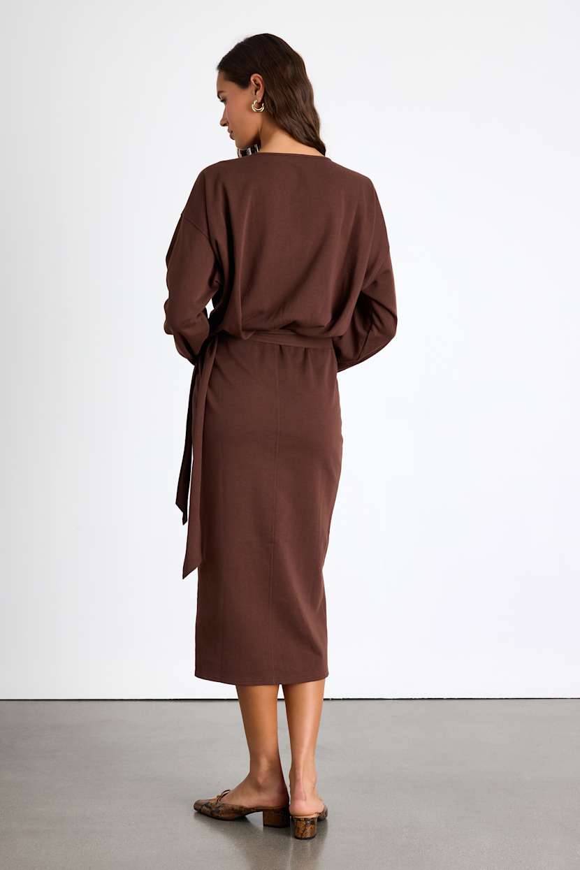 Lulus | Brown Jersey Knit Long Sleeve Wrap Midi Dress | Womens | Medium (Available in XS, S, L, XL) | Cotton/Polyester