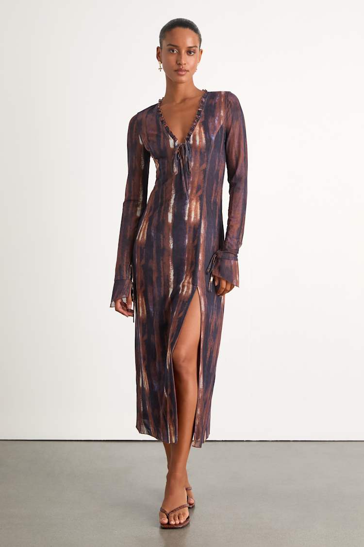 sachin and babi light blue dress Lulus | Navy and Brown Abstract Long Sleeve Midi Dress | Womens | X-Small (Available in Xl)