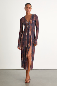 Aymeline Navy and Brown Abstract Long Sleeve Midi Dress 1