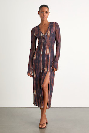 blue and brown dress Tropical Flight Stripes Midi FARM Rio a notch v Thandiwe Navy Blue and Brown