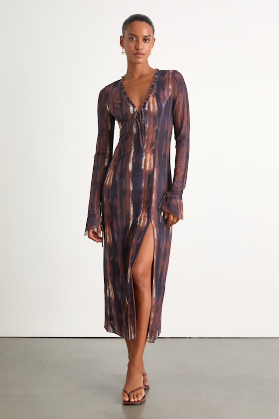 Aymeline Navy and Brown Abstract Long Sleeve Midi Dress 1