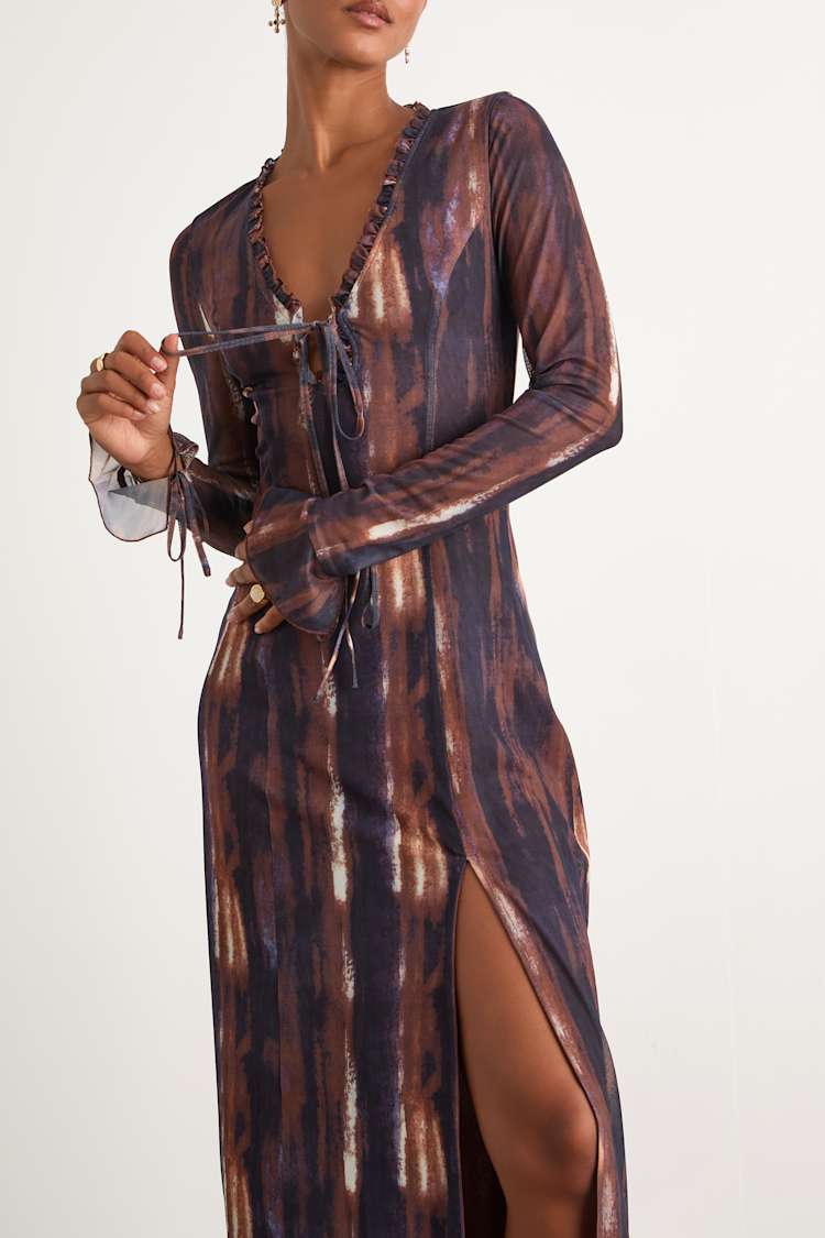 Aymeline Navy and Brown Abstract Long Sleeve Midi Dress