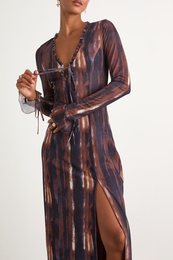Aymeline Navy and Brown Abstract Long Sleeve Midi Dress 2
