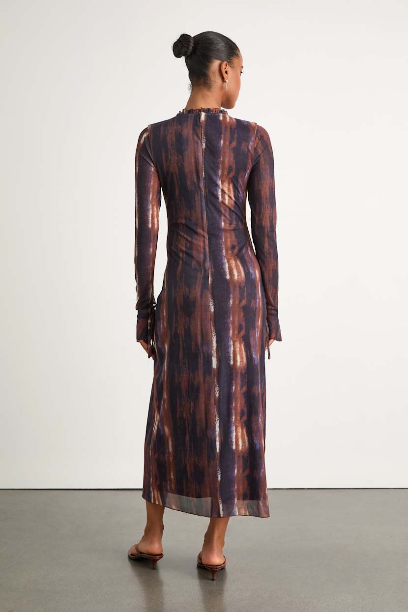 blue and brown long sleeve dress Don't Second Guess It Ivory Multi Print Satin Long Sleeve Mini Dress