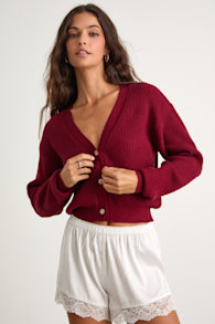 Toasty Babe Wine Red Knit Button-Up Cropped Cardigan 1