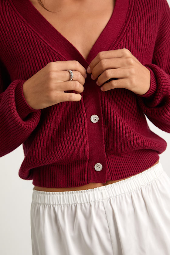 Toasty Babe Wine Red Knit Button-Up Cropped Cardigan 2