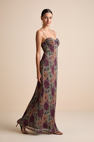 Kendlyn Taupe Multi Floral Plisse Maxi Dress 1