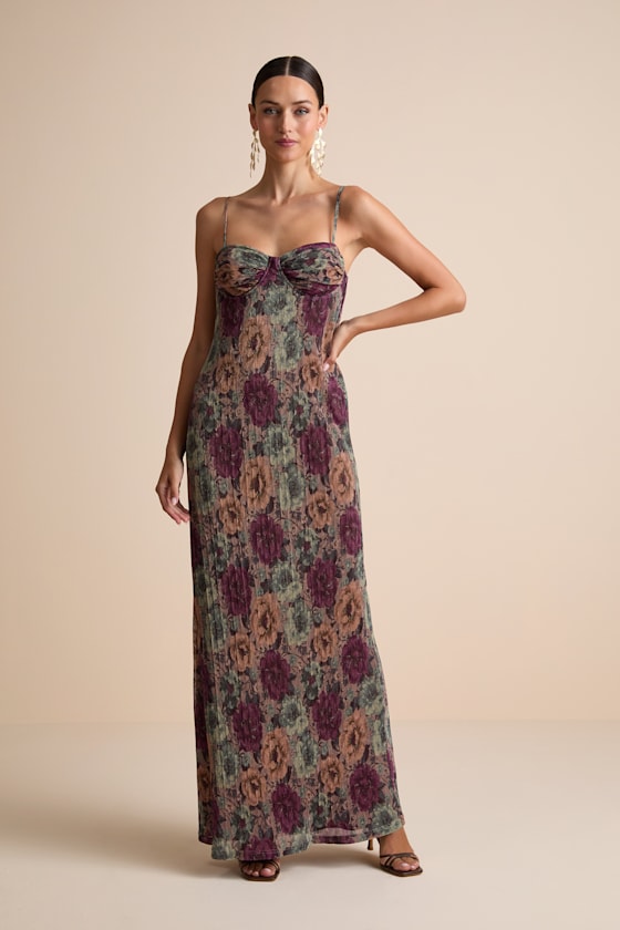 Taupe Multi Floral Dress - Plisse Maxi Dress - Sleeveless Dress