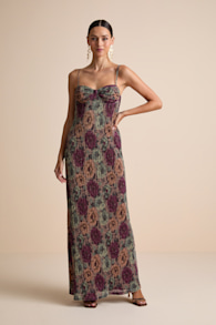 Kendlyn Taupe Multi Floral Plisse Maxi Dress 4