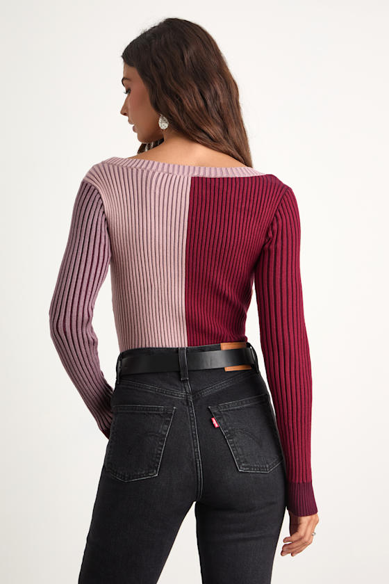 Mod Cutie Burgundy Color Block Ribbed Long Sleeve Bodysuit 2