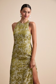 Lamila Chartreuse Floral Satin Column Maxi Dress 2