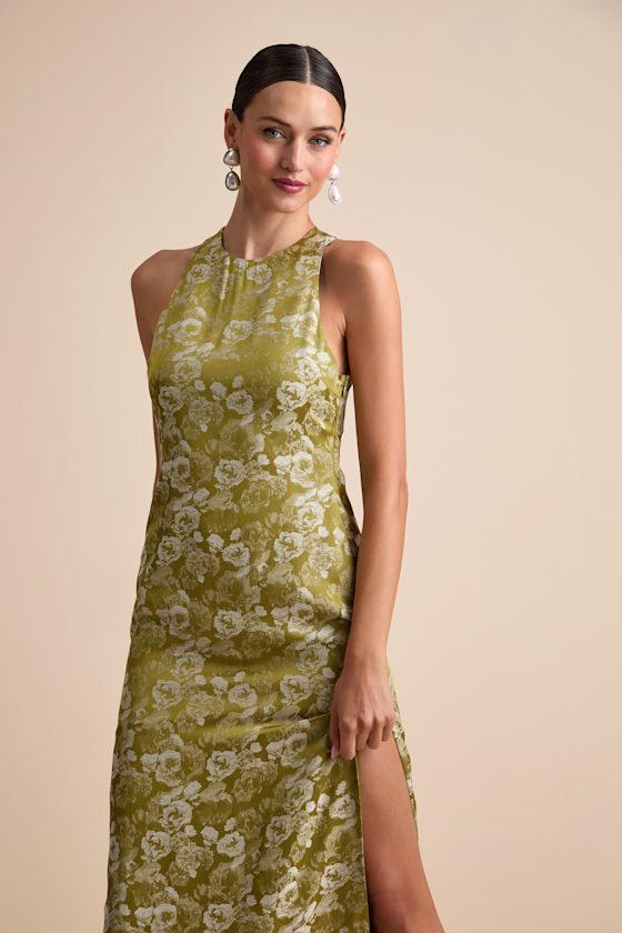 Lamila Chartreuse Floral Satin Column Maxi Dress 2
