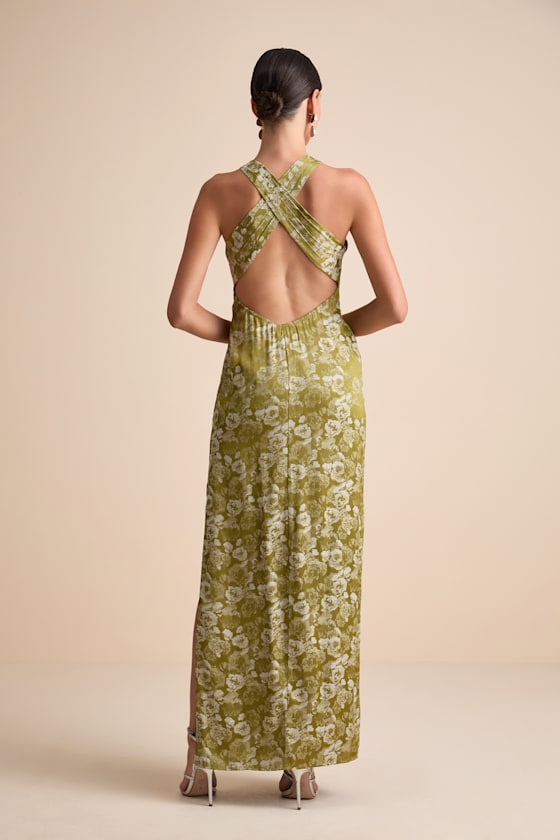 Lamila Chartreuse Floral Satin Column Maxi Dress - thumbnail 4