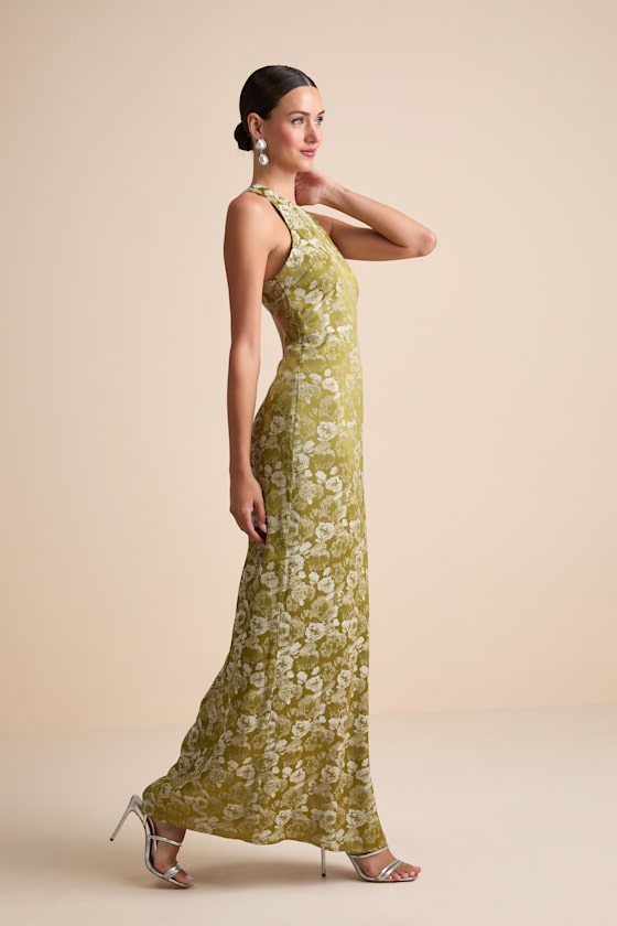 Lamila Chartreuse Floral Satin Column Maxi Dress 4