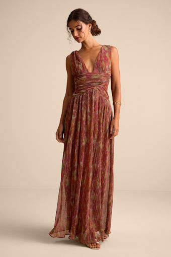 Evaluna Rust Abstract Print Lurex Pleated Maxi Dress 1