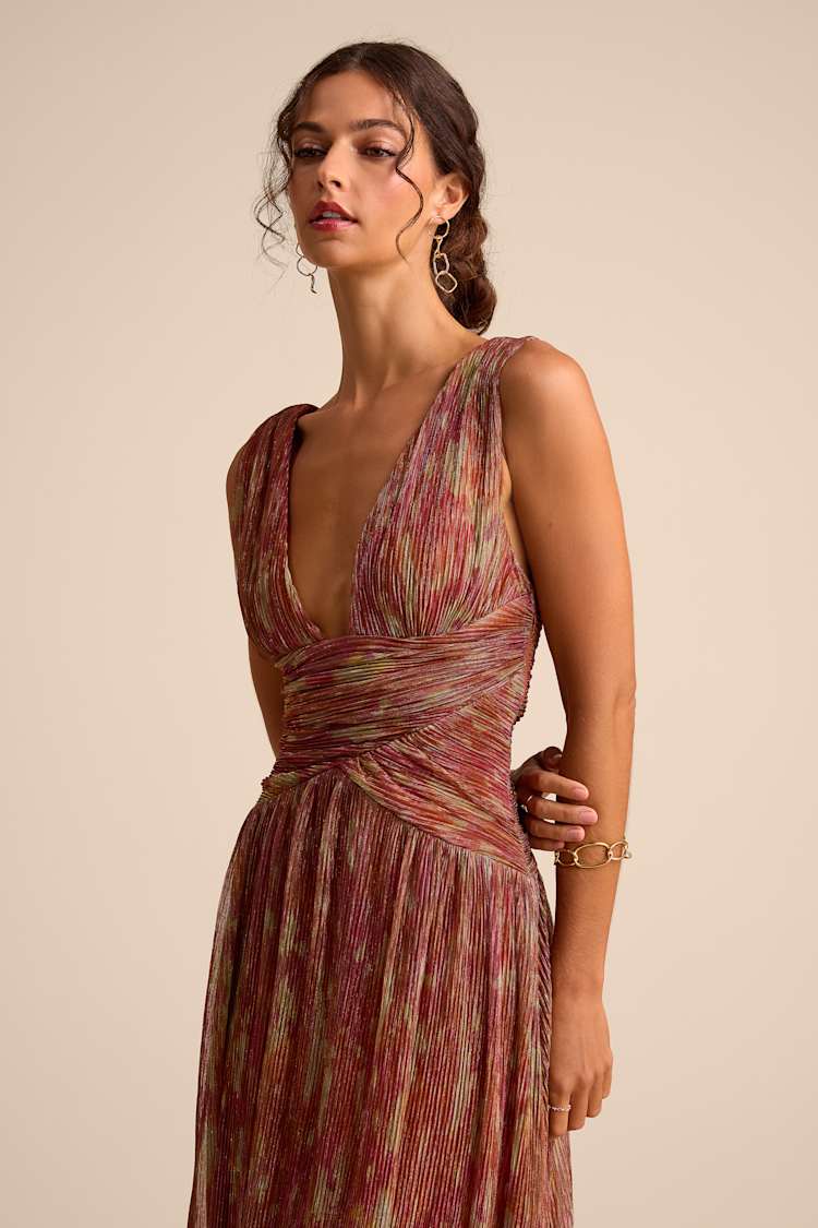 Evaluna Rust Abstract Plisse Sleeveless Maxi Dress