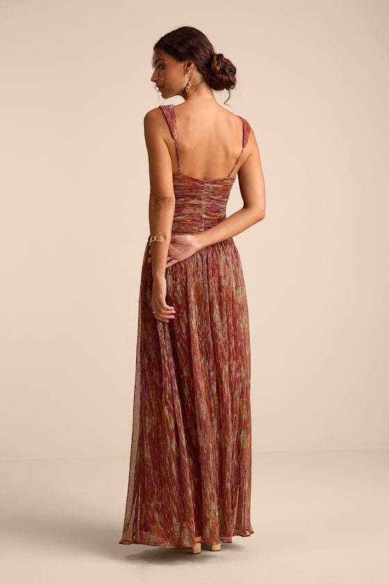 Evaluna Rust Abstract Print Lurex Pleated Maxi Dress - thumbnail 3