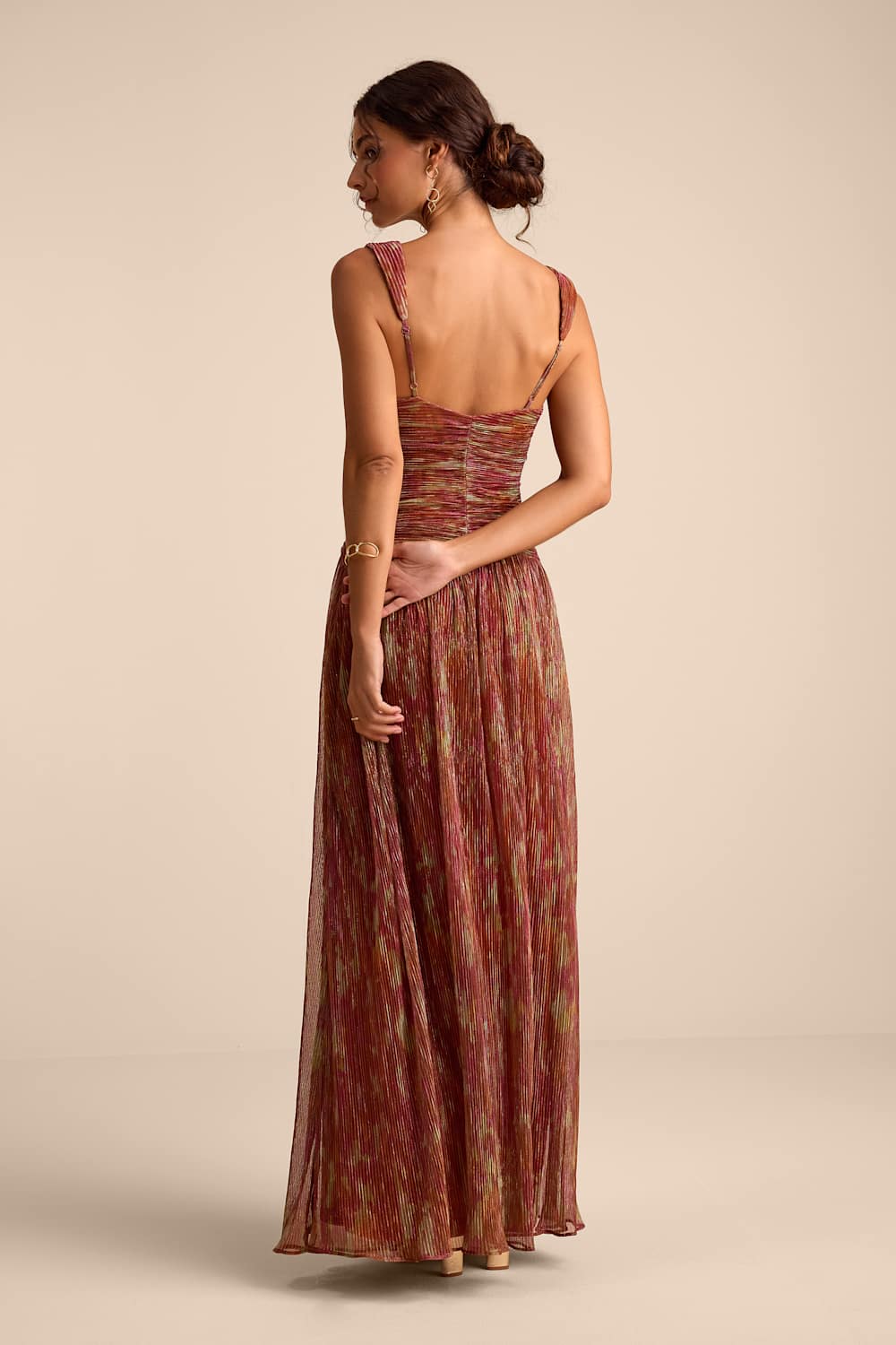 Evaluna Rust Abstract Plisse Sleeveless Maxi Dress