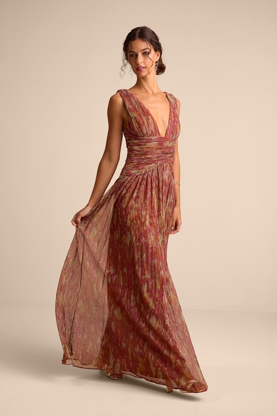 Evaluna Rust Abstract Print Lurex Pleated Maxi Dress - thumbnail 4
