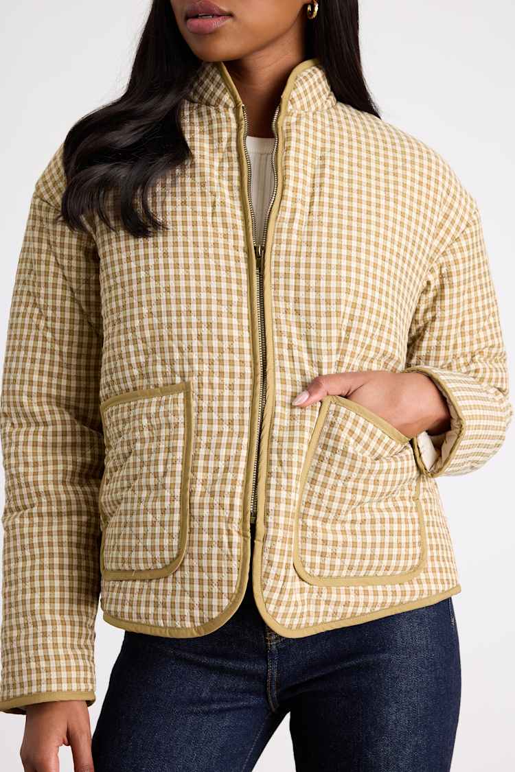 Bundled Perfection Olive Plaid Quilted Puffer Jacket