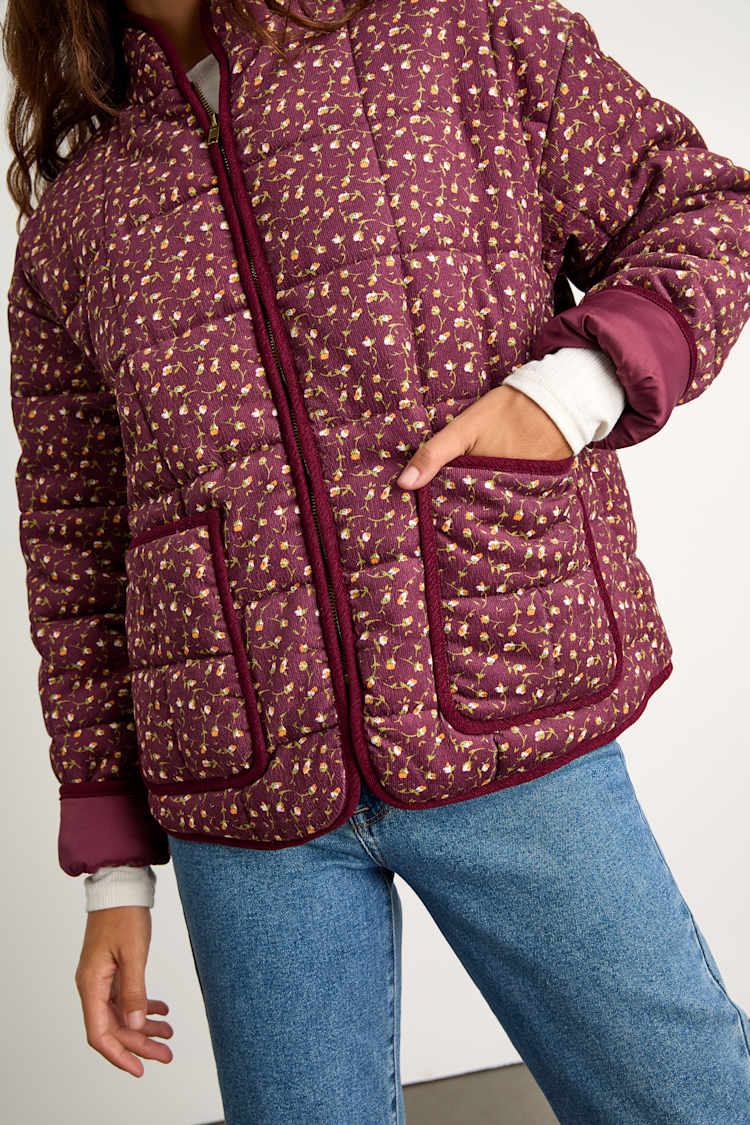 Bundled Perfection Burgundy Floral Quilted Puffer Jacket