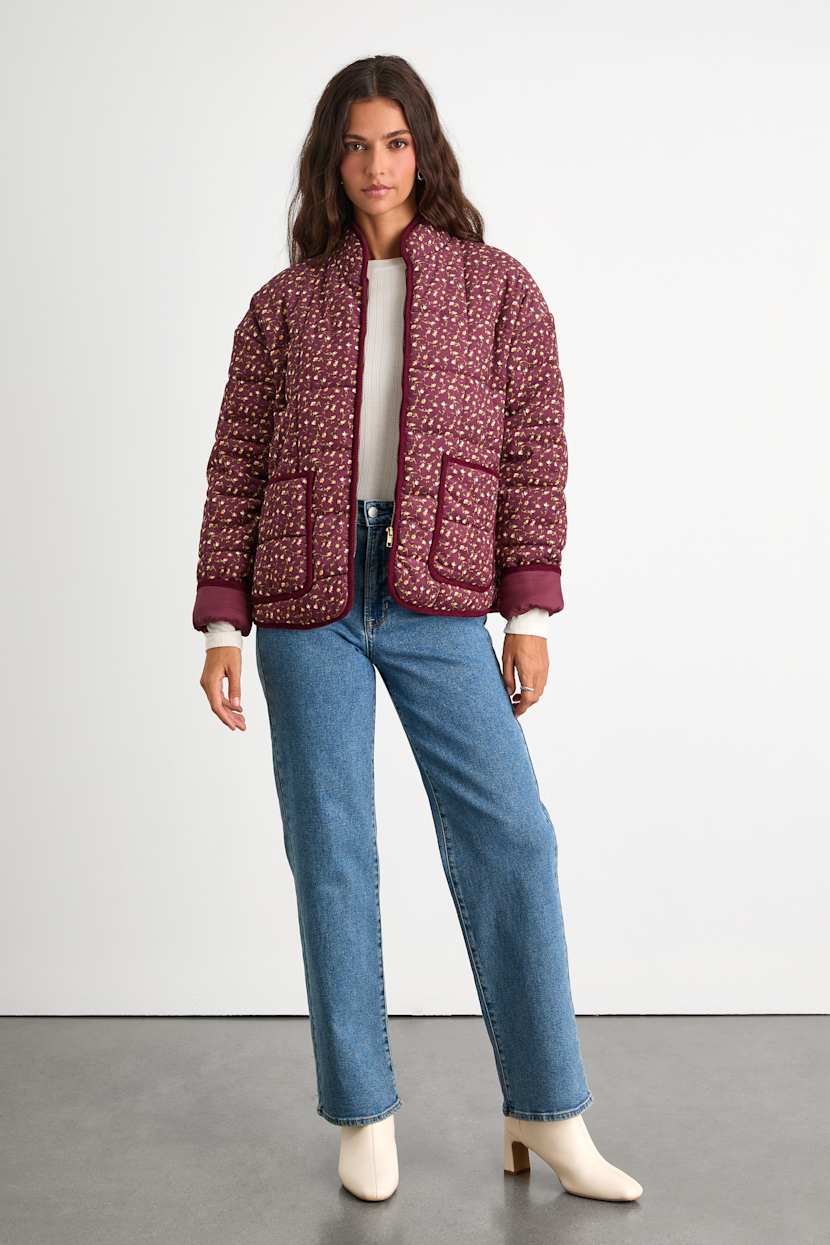 Bundled Perfection Burgundy Floral Quilted Puffer Jacket